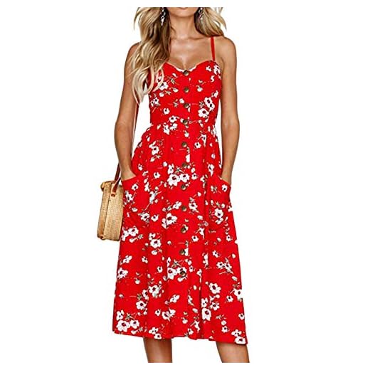 YMING Damen Schulterfrei Midikleid Lässiges Sommerkleid Ärmelloses Kleid Rot XS