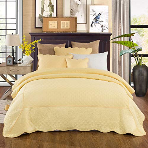 Tache 3 Piece Quilted Solid Yellow Buttercup Puffs Bedspread Set, King #TOP5
