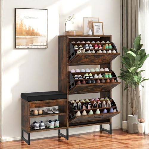 DWVO Farmhouse Shoe Cabinet with Bench, 3 Flip Drawers Shoe Cabinet for Entryway, Narrow Slim Shoe Rack Organizer for Entrance, Shoe Storage with Shoe Bench, Living Room, Hallway, Rustic Brown
