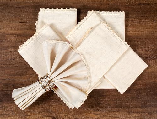 Image of Lightnpro Cloth Dinner Napkins in Cotton Flax Fabric with Lace & Tailored Mitered Corners - 18x18 Inch Set of 12, Wedding, Baby Shower & Cocktail Napkin, Machine Washable Fabric Napkins Natural Color