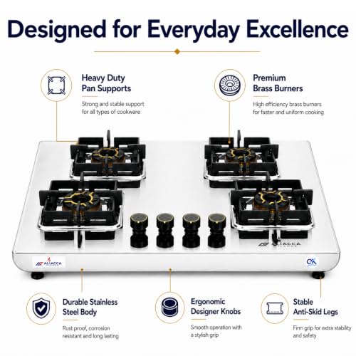 Image of Aliacca Kazario Gas Stove 4 Burners Steel Body, Auto, ISI Certified