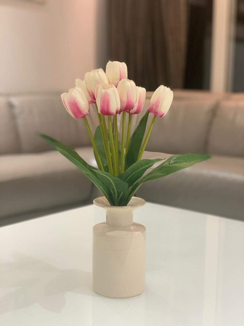 Fourwalls Beautiful Artificial Tulip Flower Bunch for Home décor (38 cm Tall, 9 Heads, White/Pink)-image-22
