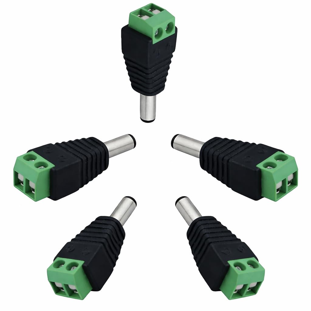 DC Power Jack Adapter 2.1mm x 5.5mm Male Plug with Screw Terminal Connector Green Black 5 Pack for CCTV LED Strip Power Supply DIY Projects Easy Wiring No Soldering-image-38