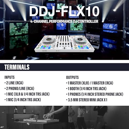 Image of Pioneer DJ DDJ-FLX10 4-Channel Professional DJ Controller - White Bundle with Carrying Case, Gearlux Headphones, DMX Cable, and Austin Bazaar Polishing Cloth