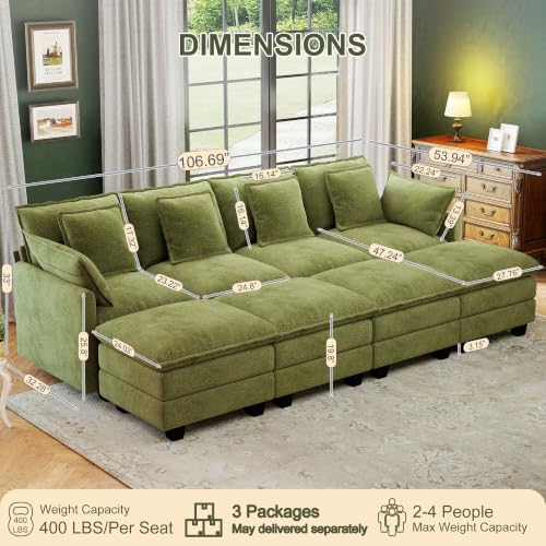 Image of 107 inch Cloud Couch Sectional Modular Sofa, Deep Seat Couches with Ottoman and Removable Washable Pillows for Living Room, Bedroom, Apartment, Green