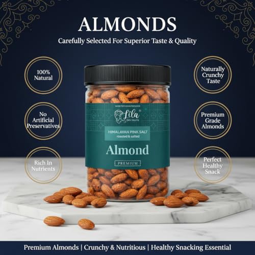 Image of LILA DRY FRUITS Roasted Almonds 100 gms Himalayan Pink Salt Flavour | Crunchy Salted Badam Snack Protein Rich Roasted Nuts | Badaam Healthy Evening Snack for Daily Snacking Perfect for Gifting
