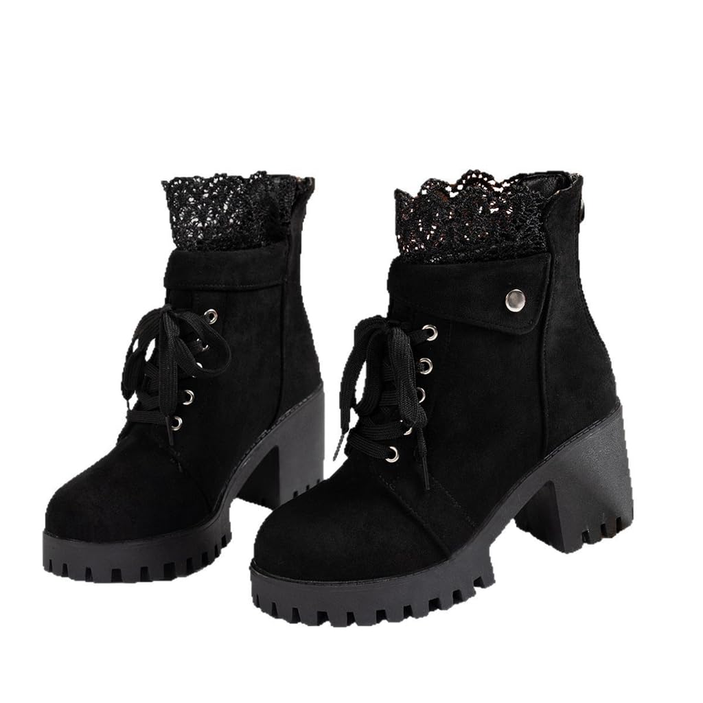 DINTAHA Lace Ankle Boots Chunky Heel Platform Booties Lace Up Faux Suede Ankle Boots