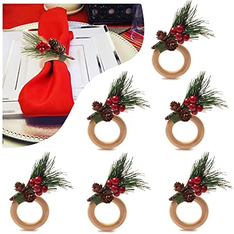 Bekeify Christmas Napkin Ring Holder, 6PCS Wooden Christmas Artificial Pine Cone Napkin Holders, Christmas Napkin Buckle Handicraft Pinecone Napkin Holder Rings for Christmas Party Table Decoration Cover