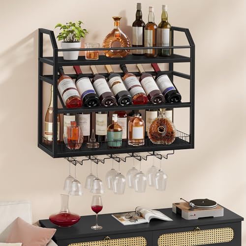 Image of Hoctieon Wall Mount Wine Rack, Wall Mounted Wine Bottle Rack for Display and Storage, Hanging Bottle Holder, for Living Room, Dining Room, Bar, Wine Cellar, Black