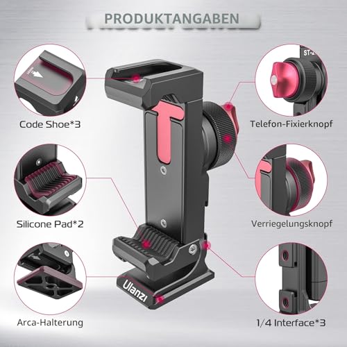 ULANZI ST-27 Metall Handy Stativ Adapter, Handyhalterung mit 3 Cold Shoe, Arca-Swiss Handy Halterung Stativ mit 1/4" Schraubenloch… – Ansicht 6