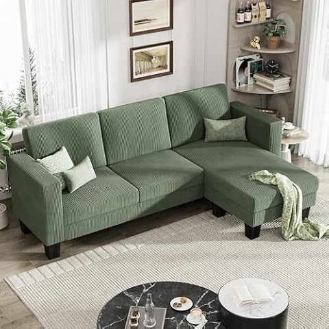 YESHOMY L-Shaped Convertible Sectional Sofa 3 Seater with Corduroy Fabric, Complete with Mobile Footrest, for Living Room, Apartment and Office, 70", Green Cover