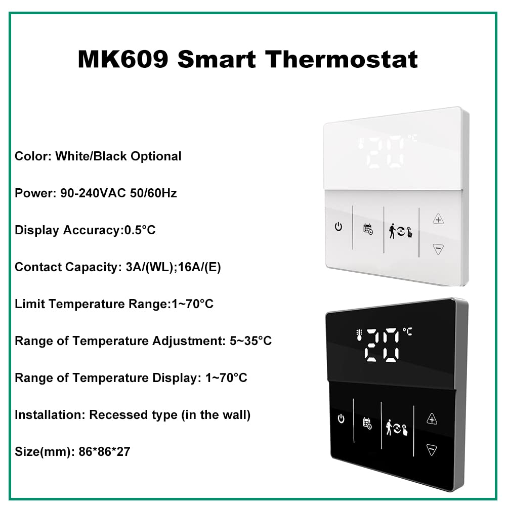 Termostato inteligente programable Caldera de gas/Calefacción de suelo eléctrico Controlador de temperatura WiFi Aplicación de voz Conexión (blanco para calefacción por suelo eléctrico)