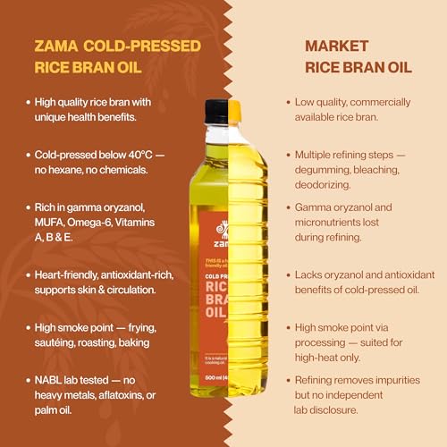 Image of Zama Organics Cold Pressed Rice Bran Oil 500ml | PET Bottle | Improves Heart Health, Reduces Cholesterol | Source of Good Fats | Vitamin E | Suitable for Stir Frying and Deep Frying | Naturally made, Farm Fresh oil contains Oryzanol