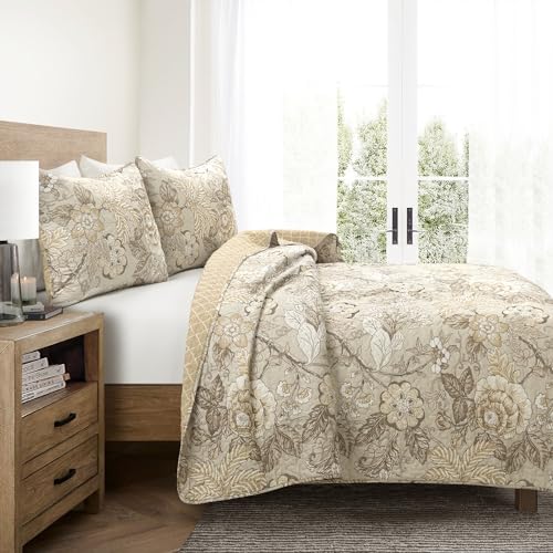 Image of Lush Decor Sydney Reversible Cotton Quilt, 3 Piece Set, King, Neutral - Cotton Bedding Set - Beige Floral Quilt - Cottage Decor - Bedding King Size