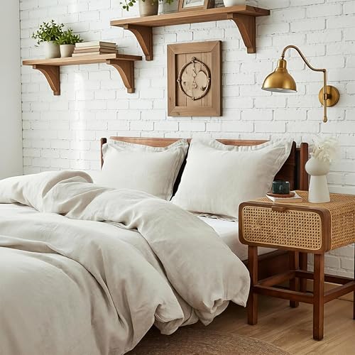 Simple&Opulence 100% Linen Duvet Cover Set 3pcs Basic Style Natural French Washed Flax Solid Color Soft Breathable Farmhouse Bedding with Button Closure - Linen, Queen