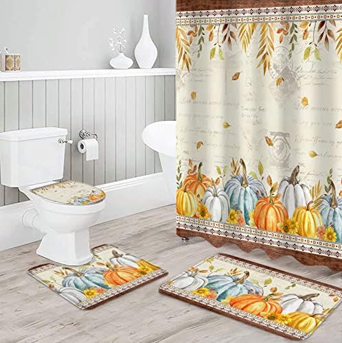 4 Piece Bathroom Set, Thanksgiving Fall Shower Curtain and Bath Mat Set with Non-Slip Rug, Toilet Lid Cover, Bath Mat, Western Southwest Pumpkin Maple Leaf 36″ W x 72″ L Shower Curtains Set