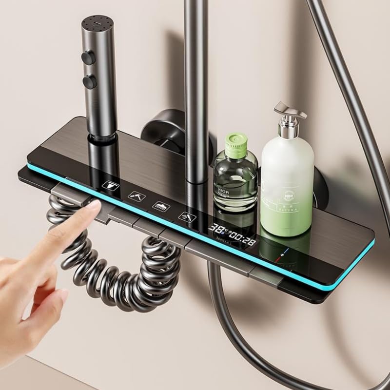 Colonne de Douche Gris Titane avec Tête Carrée - Colonne de Douche 4 Modes et Hauteur Réglable - Tête de Douche, Jet, Robinet et Pommeau de Douche