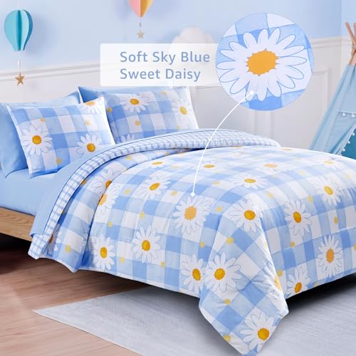 Image of Full Size Comforter Set for Girls Blue Plaid Daisy 7 Pieces Bed in a Bag