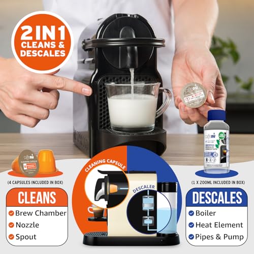 Image of Caffenu Nespresso Originaline Descaling Kit, 2-Use Solution and 4 Pods | Cuts through limescale, clears the pod area, and restores hotter, better-tasting coffee, includes 2-use solution and 4 pods.