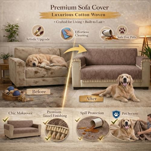 Image of STITCHNEST Woven Fabric Sofa Cover 2 Seater with 2 Hand Rest Covers - Washable Beige Sofa Cover with Tassels - Durable Premium Fabric - Stylish Sofa Protector for Living Room & Furniture Decor
