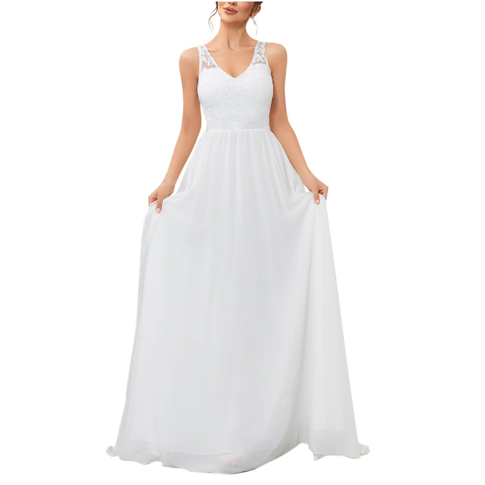 Masrin Robe de mariée blanche pour femme - Robe de mariée pour la photographie - Broderie florale - Robe en mousseline de soie - Col en V - Sans manches - Robe de soirée pour mariage - Robe de remise