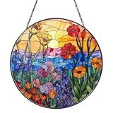 Wildblumen Sonnenfänger, Acryl-Fensterdekoration Mit Kette Zum Aufhängen, Rundes Acryl-Ornament, Fensterdeko Hängend für Fenster, Terrasse, Wand, Haus und Garten