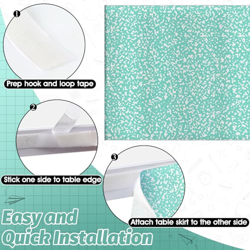 Image of 9FT Green and White Composition Table Skirt Teacher Desk Skirt for Composition Notebook Classroom Decor Rectangle Table Cover for Back to School Party Supplies Kindergarten Office Bookcase Cabinet