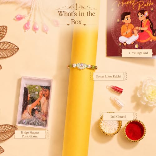 Image of Art Street Rakhi Gift Hamper with Personalized Glitter Photo Frame, with Lotus Designer Floral Rakhi, Greeting Card, Roli Chawal & Decorative Tea Light Holder | Raksha Bandhan Gift for Brother