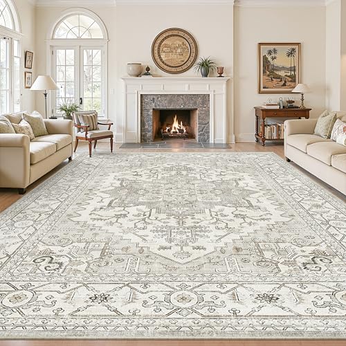 Living Room 10x14 Washable Stain-Resistant Area Rug Beige