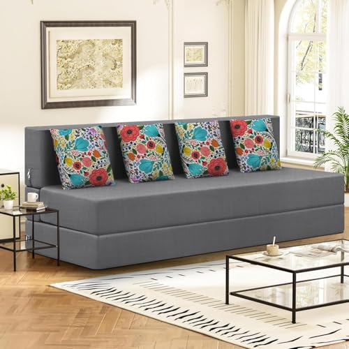 Image of Rosebell Foldable 4 Seater Sofa Cum Bed, Sofa Bed 6 X 6 Feet, Jute Fabric- Washable Cover- Including Four Cushion Perfect for Home & Office, Guest Room - Grey