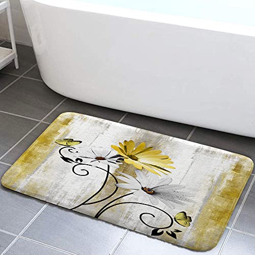 Rustikaler Bauernhaus-Badteppich, Bauernhof, gelbe Gänseblümchen, Blumen und Schmetterling auf Landhaus, Holz-Badematte, Küchenteppich, Bodenmatte, weich, rutschfest, Teppich, Innen-Fußmatte (gelb) Cover