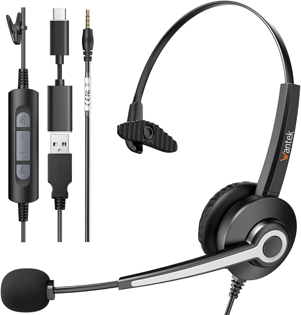 Wantek USB Headset with Microphone for PC Laptop, USB-A, Microphone with Noise Cancelling All-Day Comfort PC/Mac or Mobile Phone via 3.5 mm Connection Teams – Wantek product photo