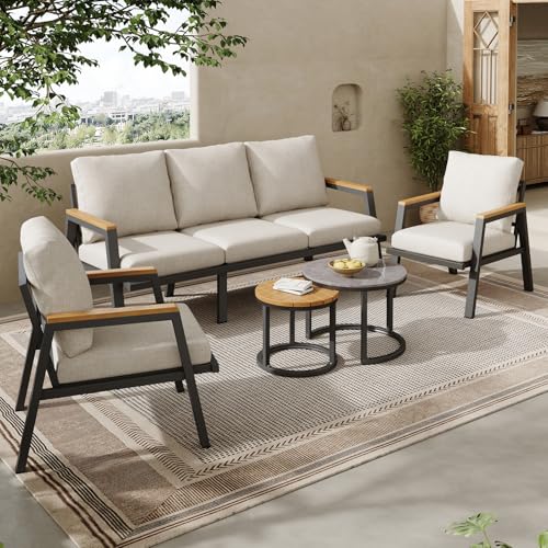 Ensemble salon de jardin, ensemble de meubles de jardin avec coussins confortables, canapé 3 places, 2 fauteuils et 2 tables basses, plateau en verre laqué...
