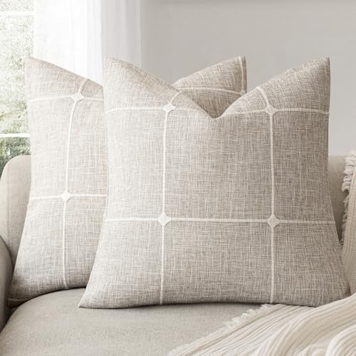 Image of Foindtower Pack of 2 Decorative Faux Linen Jacquard Check Throw Pillow Covers Farmhouse Cushion Cover with Grid Textured Accent Pillowcase for Couch Sofa Living Room Home Decor,20x20 Inch,Beige