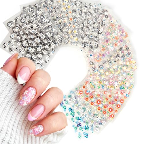 30 Sheets Flowers Nail Art Stickers Cute Daisy Floral Design Decals 3D Self-Adhesive White Black Colorful Flower Nail Stickers Decoration‌ for Women Girls Acrylic Nail Supplies Accessories