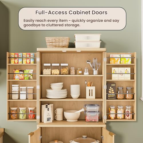 Image of Ball & Cast 72″ Fluted Pantry Cabinet,Versatile Wood Storage Cabinet with 4 Adjustable Shelves,6 Door Shelves,Moden Kitchen Cabinet w /Anti-Tip Safety for Kitchen,Dining Room,Living Room,Natural Oak