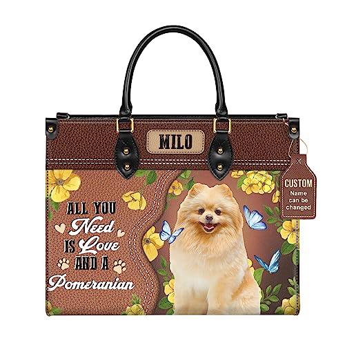 Personalized Pomeranian Dog Handbags, Custom Name Dog Leather Bags, Purses, Shoulder Bag, Gift For Dog Mom Dog Lover
