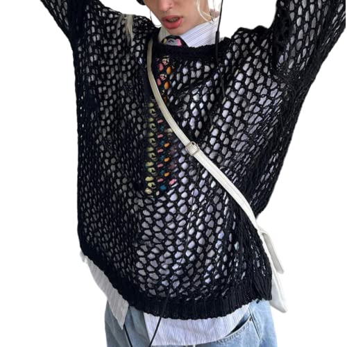Image of Women Y2K Crochet Knit Hollow Out Blouse Top Sweater Fishnet Long Sleeve Oversized Pullovers T Shirt
