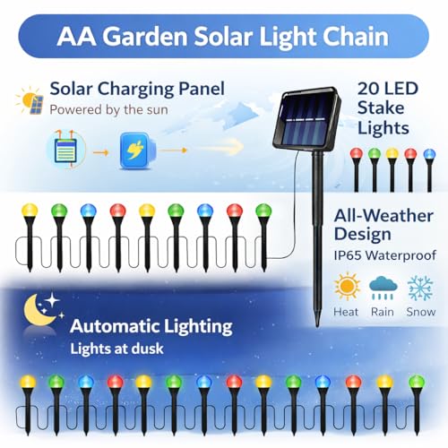 Image of CBK Solar Garden Pathway Lights with 20 LED Stakes|Multicolor Outdoor Decorative Solar Lights for Garden,Lawn, Yard,Walkway&Landscape|Waterproof Resistant|Auto On /Off Solar Powered Lighting System