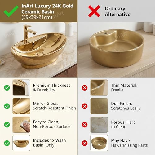 Image of InArt Ceramic Oval Gold Color Vanity Wash Basin, 59 x 39 x 21 CM, Luxurious Bathroom Sink