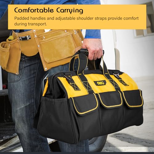 Image of Deli DL430116 16 inch Oxford Cloth Tool Storage Bag with Multi Compartment Pockets Handle & Steel Bar Heavy Duty Multipurpose Easy and Convenient Tools Organizer for Electrician Plumber Technician (1Pc)