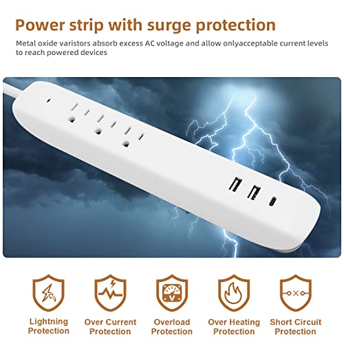 Power Strip Protector contra Sobretensiones con Enchufe Plano, USB C, Carga Rápida 25W, 3 Tomas, 2 Puertos USB, Puerto USB C, Extensión de 1.22 m, Estación de Carga Paquete de 2, Blanco Micmi miniatura 3