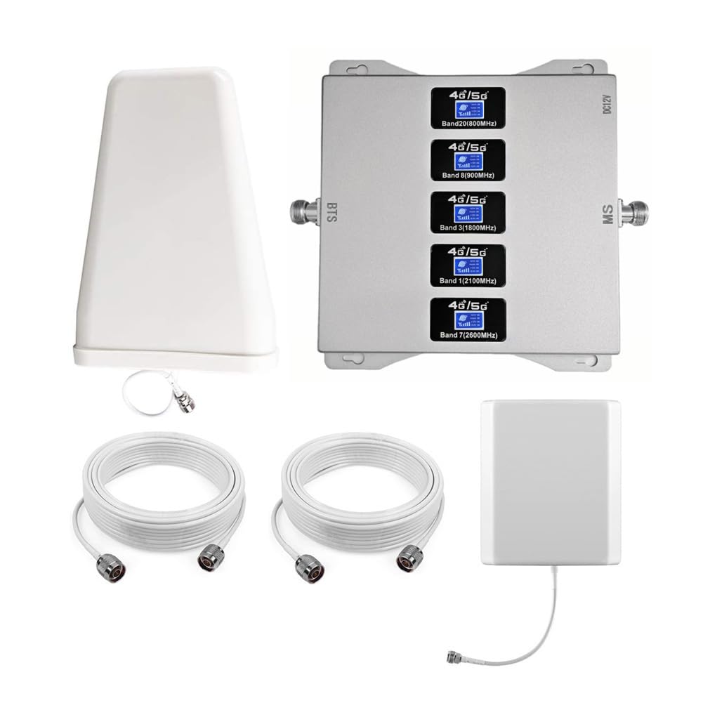 Amplificador 4G 5G Amplificador Señal Movil, 5 Bandas B1(N1)/B3(N3)/B7/B8/B20, Mejora Tu 2G/3G/4G/5G