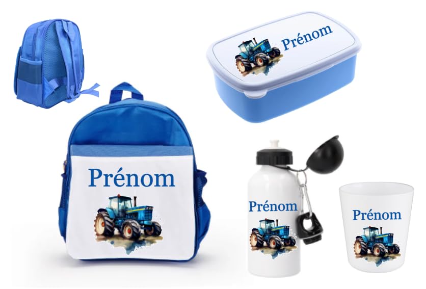 Cartable tracteur personnalisé, gourde, gobelet et boite à goûter pour enfant