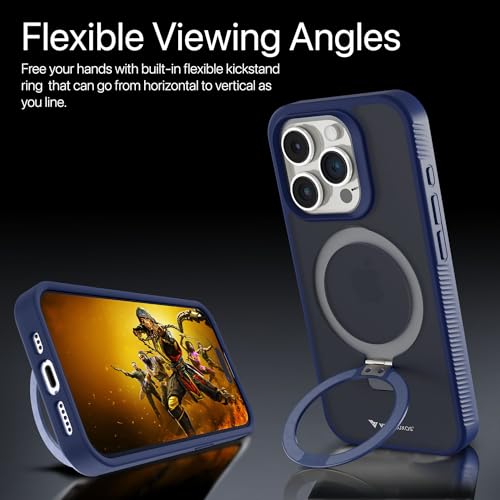 Image of Vaku Luxos Astros Magpro Back Cover Case for iPhone 15 pro with Magnetic Alloy Ring Metal Kickstand Scratch Resistant Slim Thin Military-Grade Protection Compatible with MagSafe - Blue