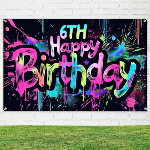 Image of HOMETITUTE Neon 6th Happy Birthday Banner 71x43 Inch Birthday Backdrop | 6th Birthday Decorations Banner Glow In The Dark Party Supplies Photography Background for Party