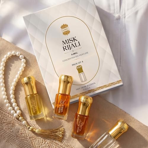 Image of Ajmal Assorted Misk Rijali Non-Alcoholic Luxury Attar Perfumes Gift Set | For Men & Women | Long Lasting, Unisex, Royal Fragrance | Perfect For Gifting | 3ml Each, Pack Of 4
