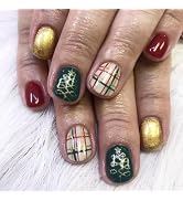 Christmas Press on Nails Short Square Fake Nails with Lattice Gold Xmas Tree Designs Red Yellow S...
