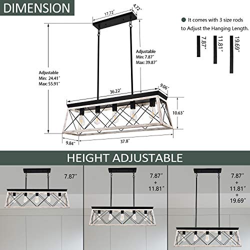 Luupyia Farmhouse Rectangular Chandelier Rustic, 5-Lights Kitchen Island Lighting, Linear Island Light Fixture Farmhouse Pendant Lighting Fixtures For Dining Room Pool Table Beige #TOP1