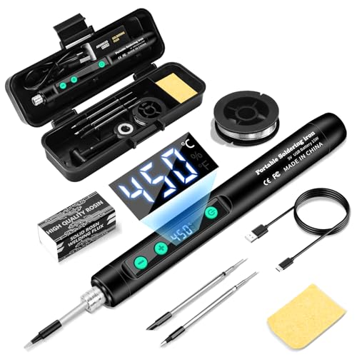 Daakro 2-in-1 Schwarz Akku Lötkolben Set 180-450 mit einstellbarer Temperatur mit LED-Anzeige USB-aufladbares lötkolben mit Lötdraht Werkzeugkasten Akku-Lötkolben-Set 3 Lötkolbenspitzen usw